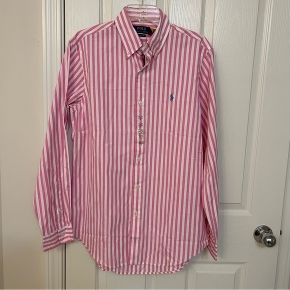 Polo by Ralph StripedClassic Fit Button Down Cotton Shirt in Pink/White Size M